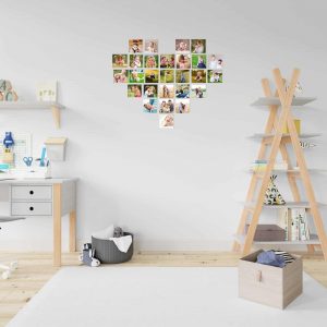 צורת לב מתמונות על בלוק מעץ בגודל 10X10 ס"מ (27 בלוקים)